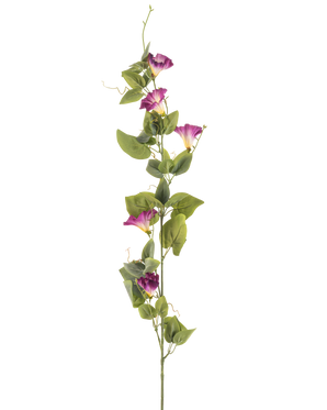 De Kunstbloem Winde 122 cm mauve heeft een enkele hoge groene steel met meerdere mauve en witte morning glory bloemen en groene bladeren over de lengte, tegen een witte achtergrond.