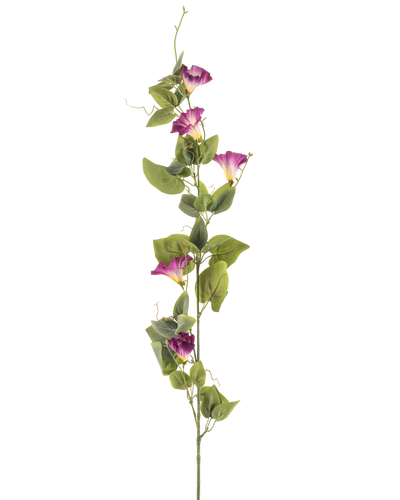 De Kunstbloem Winde 122 cm mauve heeft een enkele hoge groene steel met meerdere mauve en witte morning glory bloemen en groene bladeren over de lengte, tegen een witte achtergrond.