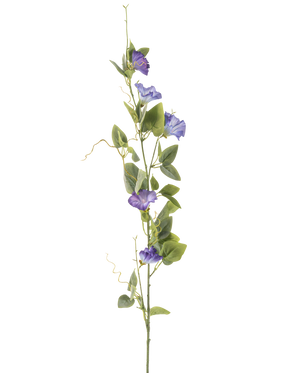 De Kunstbloem Winde 122 cm paars heeft een lange groene steel met verschillende groene bladeren en paarse, trompetvormige kunstbloemen, verticaal gerangschikt tegen een effen witte achtergrond.