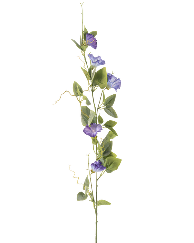 De Kunstbloem Winde 122 cm paars heeft een lange groene steel met verschillende groene bladeren en paarse, trompetvormige kunstbloemen, verticaal gerangschikt tegen een effen witte achtergrond.