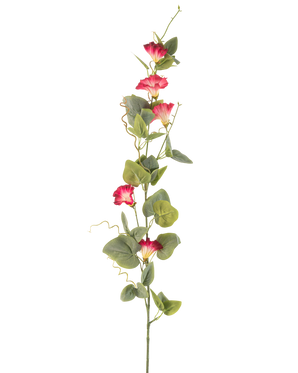 Een enkele steel van Kunstbloem Winde 122 cm rood, met verschillende rode kunstbloemen en groene bladeren tegen een effen witte achtergrond.