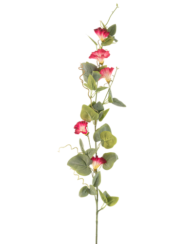Een enkele steel van Kunstbloem Winde 122 cm rood, met verschillende rode kunstbloemen en groene bladeren tegen een effen witte achtergrond.
