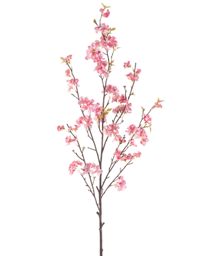 De Kunstbloem Kersenbloesem 150 cm roze heeft een enkele bruine tak met meerdere dunne stengels, versierd met trosjes delicate roze kersenbloesems en een paar groene bladeren, geïsoleerd op een witte achtergrond.