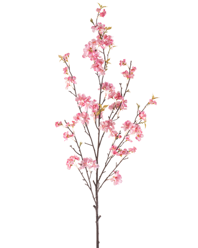 De Kunstbloem Kersenbloesem 150 cm roze heeft een enkele bruine tak met meerdere dunne stengels, versierd met trosjes delicate roze kersenbloesems en een paar groene bladeren, geïsoleerd op een witte achtergrond.
