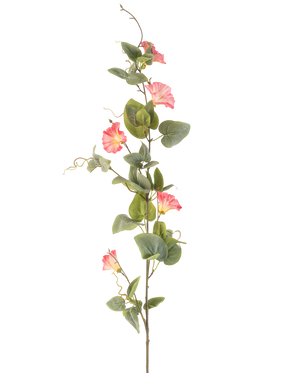 De Kunstbloem Winde 122 cm roze heeft een enkele hoge steel met groene bladeren, meerdere roze trompetvormige bloemen en krullende ranken tegen een witte achtergrond.