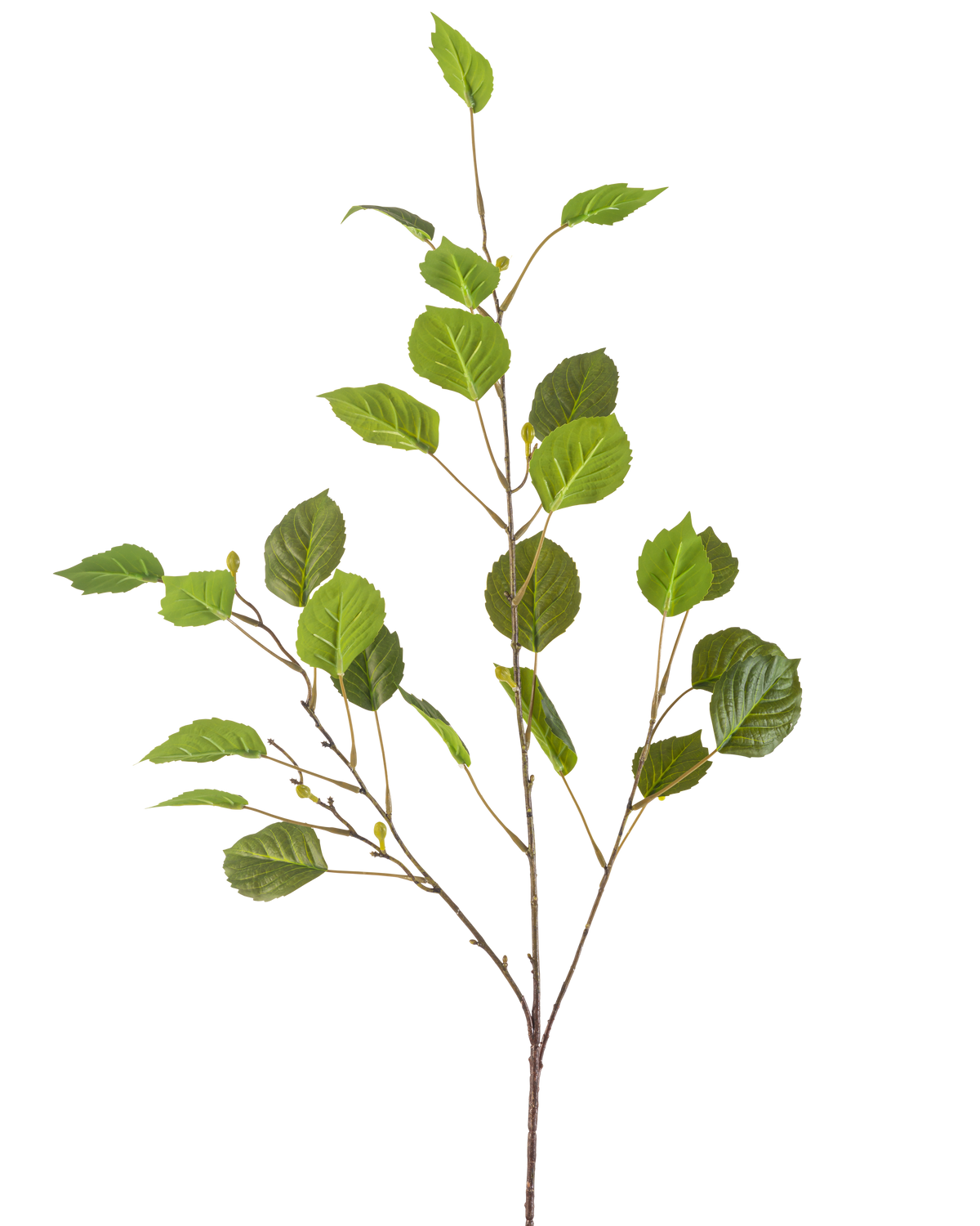 The Artificial Branch 118 cm green is a single thin branch with multiple green leaves and small buds, isolated on a white background.