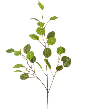 De Kunsttak 118 cm groen is een enkele dunne tak met meerdere groene bladeren en kleine knoppen, geïsoleerd op een witte achtergrond.