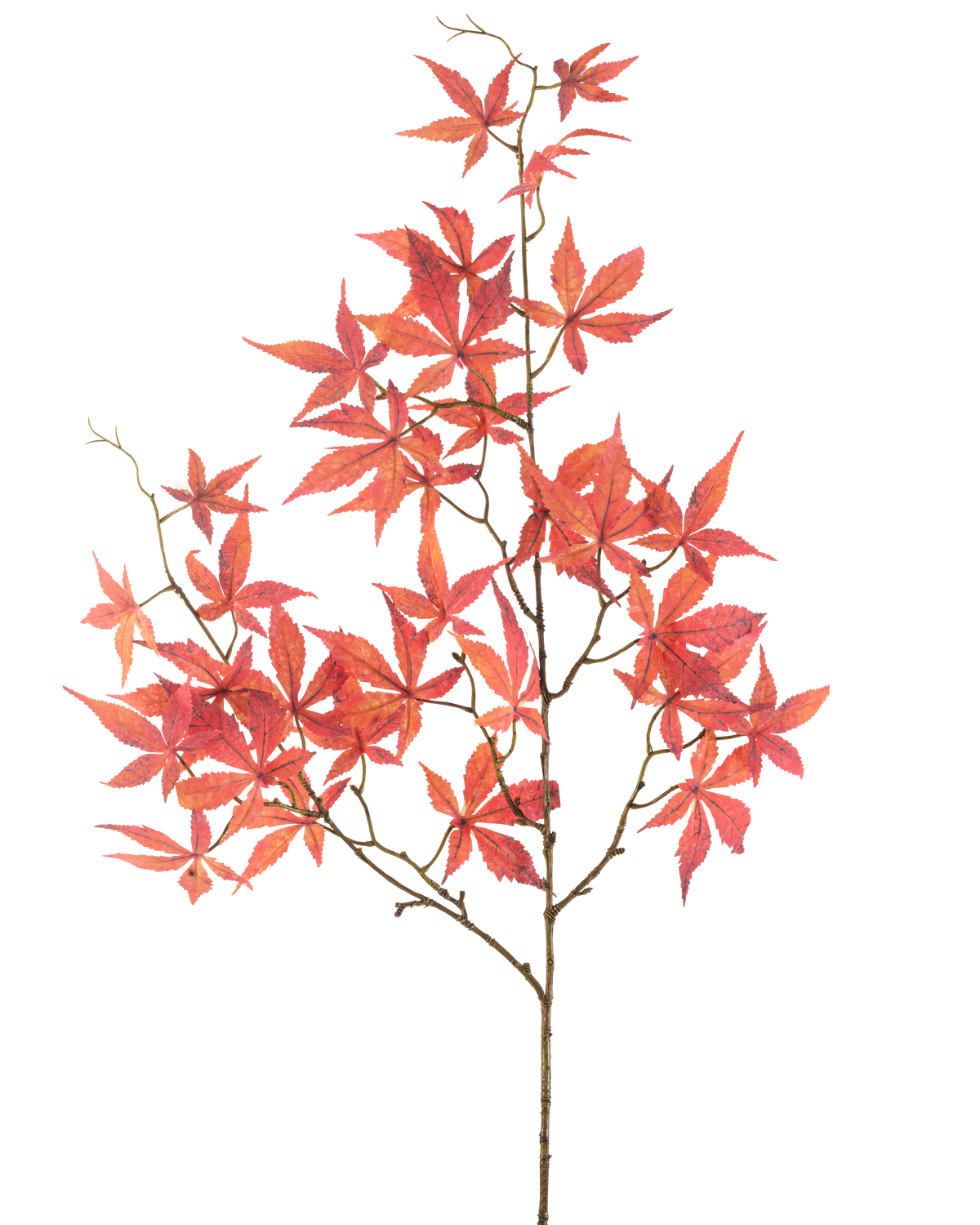 The Artificial Flower Maple Leaf 109 cm red has multiple thin branches decorated with vibrant red, star-shaped maple leaves, beautifully displayed against a plain white background.