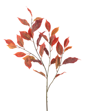 Het Kunstbloem Iepblad 113 cm rood heeft meerdere dunne stelen met levendige rode en oranje herfstbladeren, geïsoleerd op een witte achtergrond.