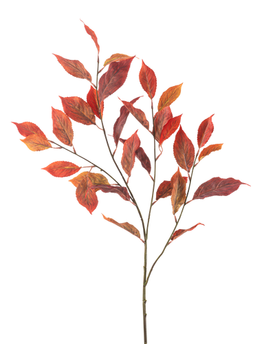 Het Kunstbloem Iepblad 113 cm rood heeft meerdere dunne stelen met levendige rode en oranje herfstbladeren, geïsoleerd op een witte achtergrond.