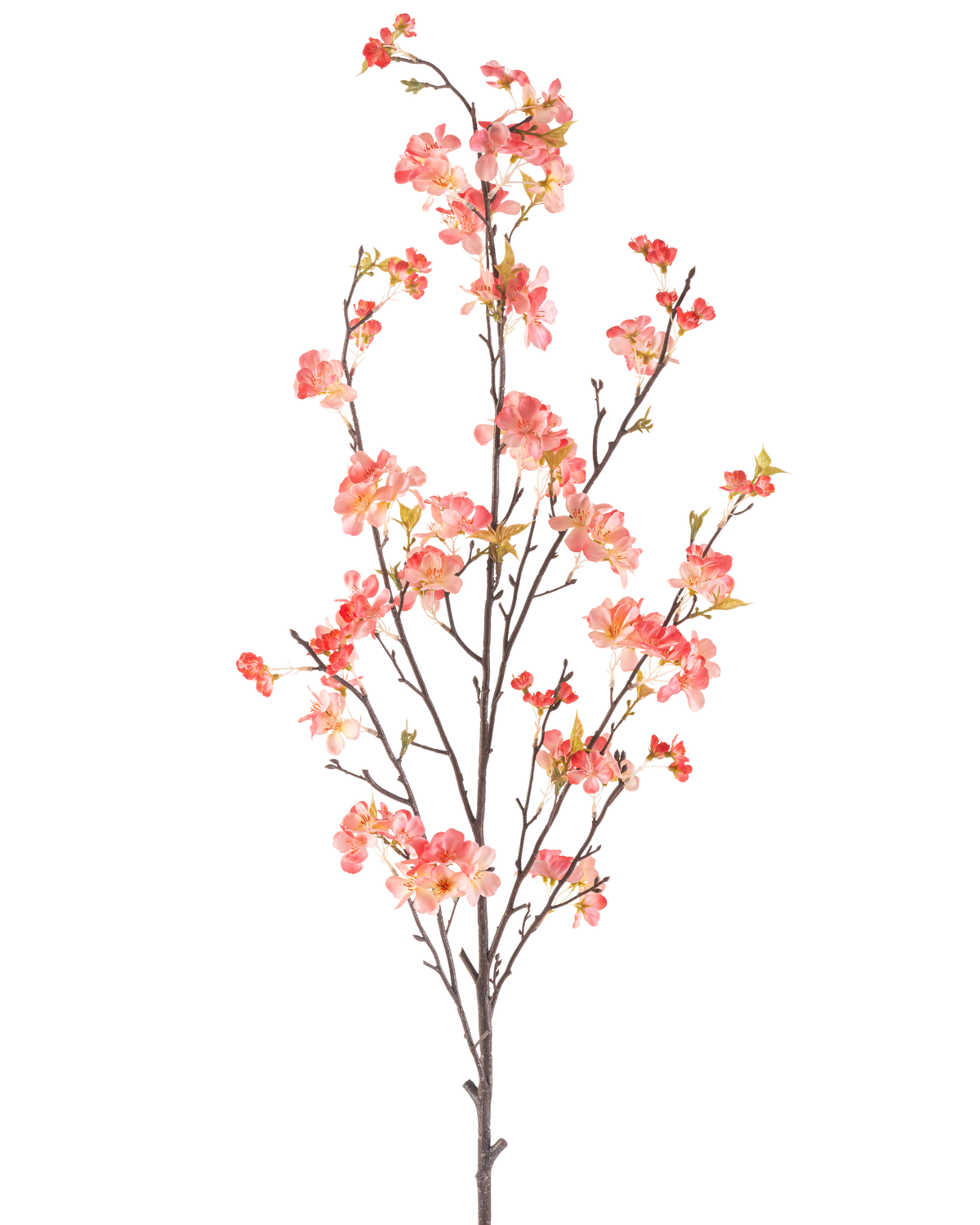The Artificial Flower Cherry Blossom 150 cm peach has a single tall branch with multiple thin stems, decorated with clusters of small pink and red blossoms and a few green leaves, against a plain white background.
