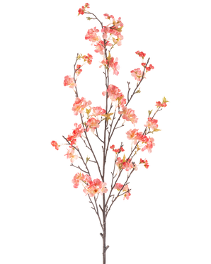 De Kunstbloem Kersenbloesem 150 cm perzik heeft een enkele hoge tak met meerdere dunne stengels, versierd met trosjes kleine roze en rode bloesems en een paar groene bladeren, tegen een effen witte achtergrond.