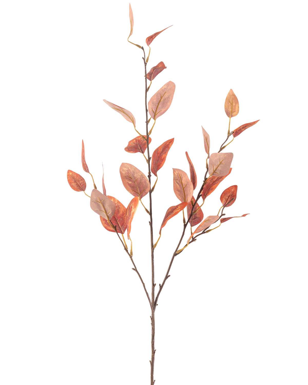 A single Artificial Eucalyptus flower 104 cm with multiple thin stems and oval red autumn leaves, against a plain white background.