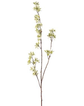 De Kunstbloem Bloemen 102 cm groen heeft een enkele hoge steel met meerdere dunne uitlopers, versierd met trosjes kleine witte en lichtgroene bloemen, tegen een effen witte achtergrond.
