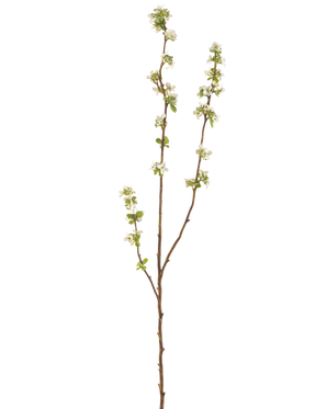 De Kunsttak Zaaddoos 104 cm crème heeft een enkele bruine tak met kleine groene blaadjes en trosjes kleine witte bloemetjes tegen een effen witte achtergrond.
