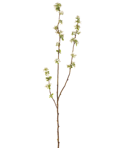 De Kunsttak Zaaddoos 104 cm crème heeft een enkele bruine tak met kleine groene blaadjes en trosjes kleine witte bloemetjes tegen een effen witte achtergrond.