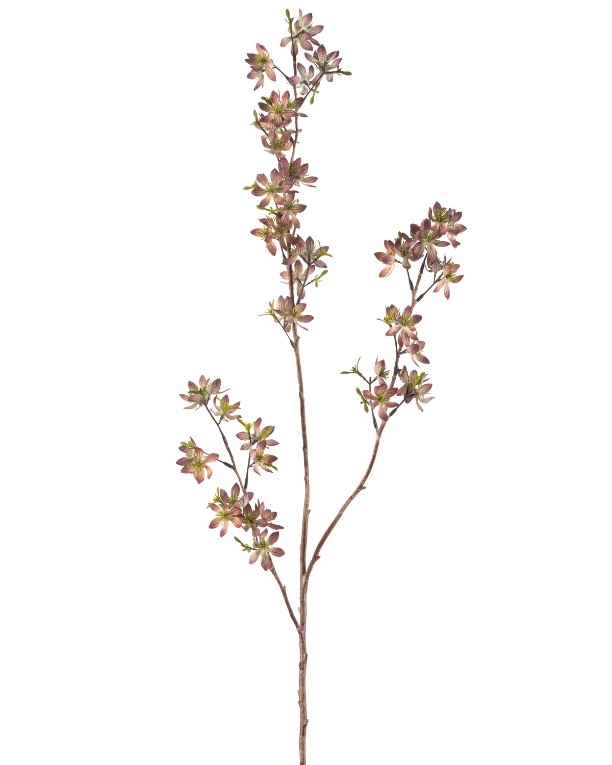 The Artificial Flower Flowers 102 cm purple/green has a single brown stem with multiple branches, each decorated with small spotted purple and green leaves, against a plain white background.