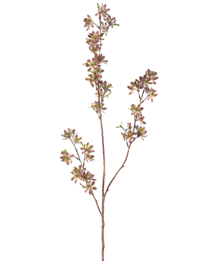 De Kunstbloem Bloemen 102 cm paars/groen heeft een enkele bruine stengel met meerdere takken, elk versierd met kleine gevlekte paarse en groene bladeren, tegen een effen witte achtergrond.