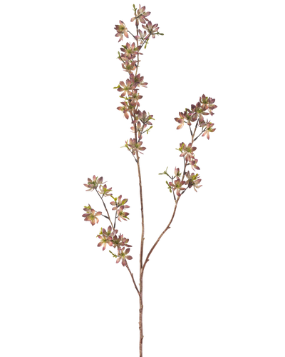 De Kunstbloem Bloemen 102 cm paars/groen heeft een enkele bruine stengel met meerdere takken, elk versierd met kleine gevlekte paarse en groene bladeren, tegen een effen witte achtergrond.