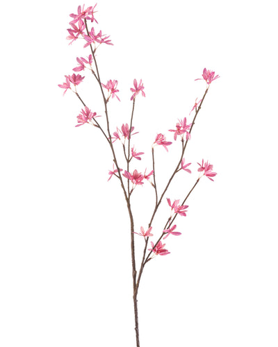 De Kunstbloem Wilde bloemen 112 cm fuchsia heeft een enkele tak met meerdere uitlopers, met delicate fuchsia bloemen tegen een witte achtergrond.