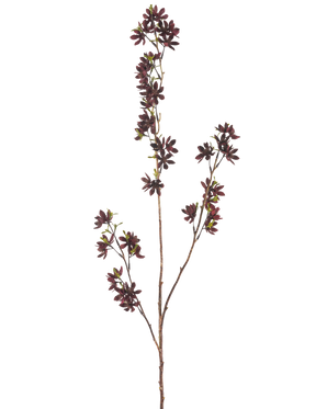 De Kunstbloem Bloemen 102 cm bordeaux heeft een hoge tak met verschillende dunne stelen, elk met kleine, donker bordeauxrode bloemen en een paar groene bladeren, tegen een effen witte achtergrond.