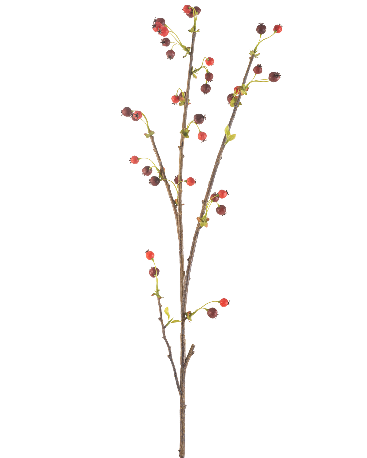The Artificial Flower Rosehip 112 cm red has a single brown branch with small red and dark purple berries and a few light green leaves, against a plain white background.