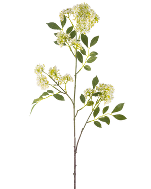 De Kunstbloem Wilde peen 102 cm crème heeft een enkele hoge steel met trosjes kleine crème bloemen en verschillende groene, gekartelde bladeren tegen een witte achtergrond.