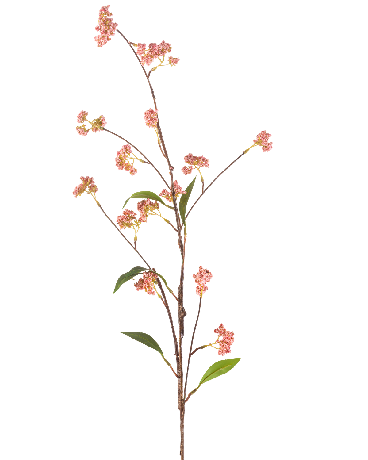 The Artificial Flower Berries 95 cm pink has a long, thin stem with a number of small bunches of pink berries and a few green leaves, depicted against a plain white background.