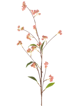 De Kunstbloem Bessen 95 cm roze heeft een lange, dunne steel met een aantal kleine trosjes roze bessen en een paar groene blaadjes, afgebeeld tegen een effen witte achtergrond.
