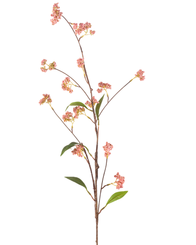 De Kunstbloem Bessen 95 cm roze heeft een lange, dunne steel met een aantal kleine trosjes roze bessen en een paar groene blaadjes, afgebeeld tegen een effen witte achtergrond.