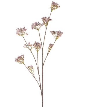 De Kunstbloem Gipskruid 112 cm lila heeft een slanke steel met meerdere takken, elk versierd met trosjes delicate lichtpaarse bloemen, tegen een effen witte achtergrond.
