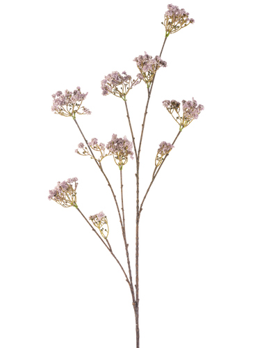 De Kunstbloem Gipskruid 112 cm lila heeft een slanke steel met meerdere takken, elk versierd met trosjes delicate lichtpaarse bloemen, tegen een effen witte achtergrond.