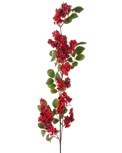 De Kunstbloem Bessen 104 cm rood heeft een enkele tak met clusters van kleine, helderrode bessen en groene bladeren tegen een witte achtergrond.