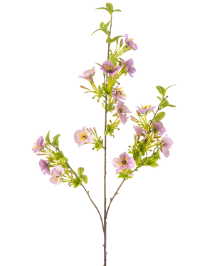 De Kunstbloem Quisqualis 110 cm paars heeft een lange, slanke stengel met meerdere groene bladeren en trossen tere lichtpaarse bloemen met een geel hart tegen een witte achtergrond.