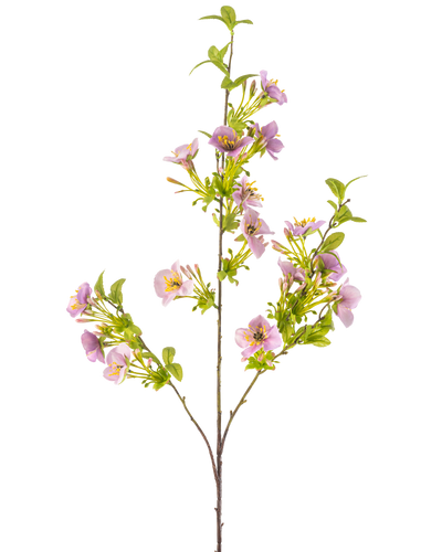 De Kunstbloem Quisqualis 110 cm paars heeft een lange, slanke stengel met meerdere groene bladeren en trossen tere lichtpaarse bloemen met een geel hart tegen een witte achtergrond.