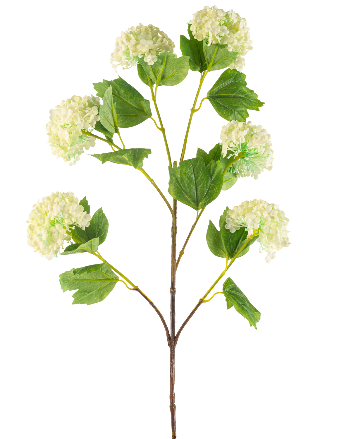 The Artificial Flower Snowball 94 cm green has a single artificial stem with bunches of light green, hydrangea-like flowers and some green leaves, depicted against a white background.