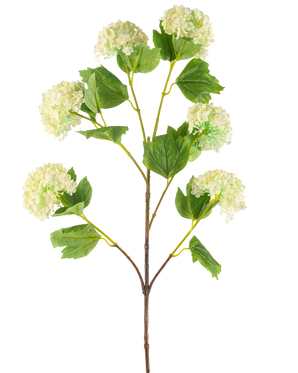 De Kunstbloem Sneeuwbal 94 cm groen heeft een enkele kunststengel met trosjes lichtgroene, hortensia-achtige bloemen en enkele groene bladeren, afgebeeld tegen een witte achtergrond.