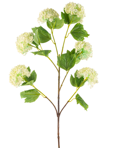 De Kunstbloem Sneeuwbal 94 cm groen heeft een enkele kunststengel met trosjes lichtgroene, hortensia-achtige bloemen en enkele groene bladeren, afgebeeld tegen een witte achtergrond.