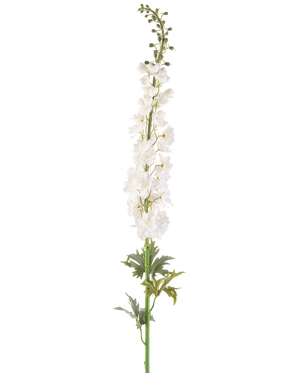 De Kunstbloem Ridderspoor 137 cm wit is een hoge kunstspoorstengel met meerdere kleine witte bloemen over de lengte en groene bladeren aan de basis, tegen een effen witte achtergrond.