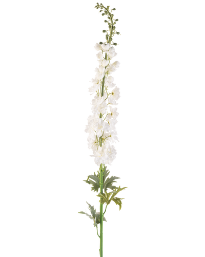 De Kunstbloem Ridderspoor 137 cm wit is een hoge kunstspoorstengel met meerdere kleine witte bloemen over de lengte en groene bladeren aan de basis, tegen een effen witte achtergrond.
