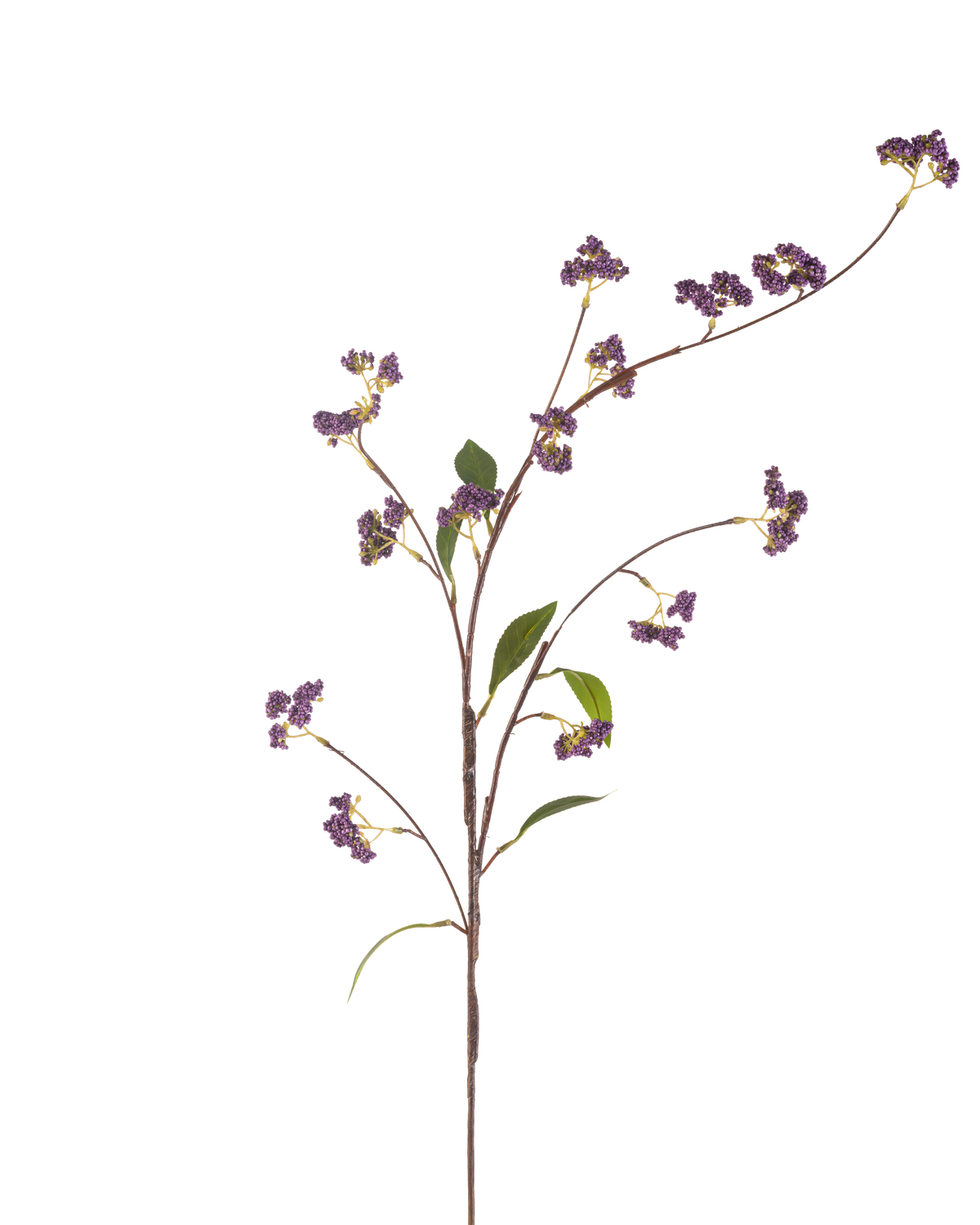 The Artificial Flower Berries 95 cm purple has a single brown stem with multiple branches, decorated with bunches of purple berries and some green leaves, perfectly isolated on a white background.
