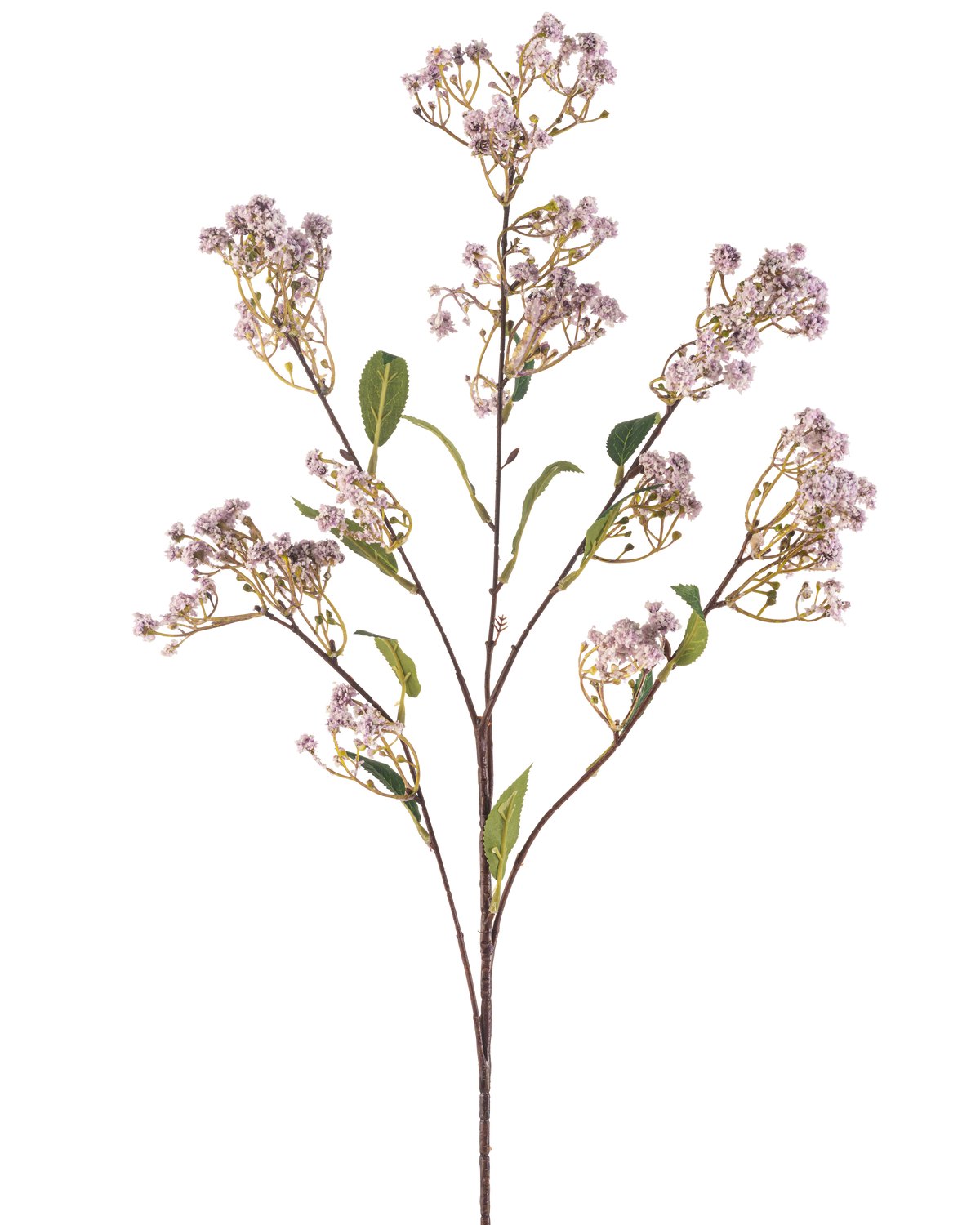 The Artificial Flower Baby's Breath 89 cm lilac has one long stem with several branches, each decorated with bunches of small, light purple flowers and a few green leaves, against a plain white background.