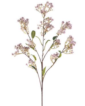 De Kunstbloem Gipskruid 89 cm lila heeft één lange steel met meerdere takken, elk versierd met trosjes kleine, lichtpaarse bloemen en een paar groene bladeren, tegen een effen witte achtergrond.