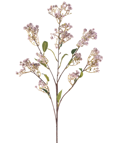 De Kunstbloem Gipskruid 89 cm lila heeft één lange steel met meerdere takken, elk versierd met trosjes kleine, lichtpaarse bloemen en een paar groene bladeren, tegen een effen witte achtergrond.
