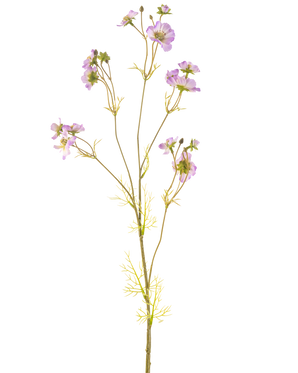 De Kunstbloem Cosmos 95 cm lila heeft een tere steel met meerdere lichtpaarse bloemen en kleine groene blaadjes, prachtig tegen een effen witte achtergrond.