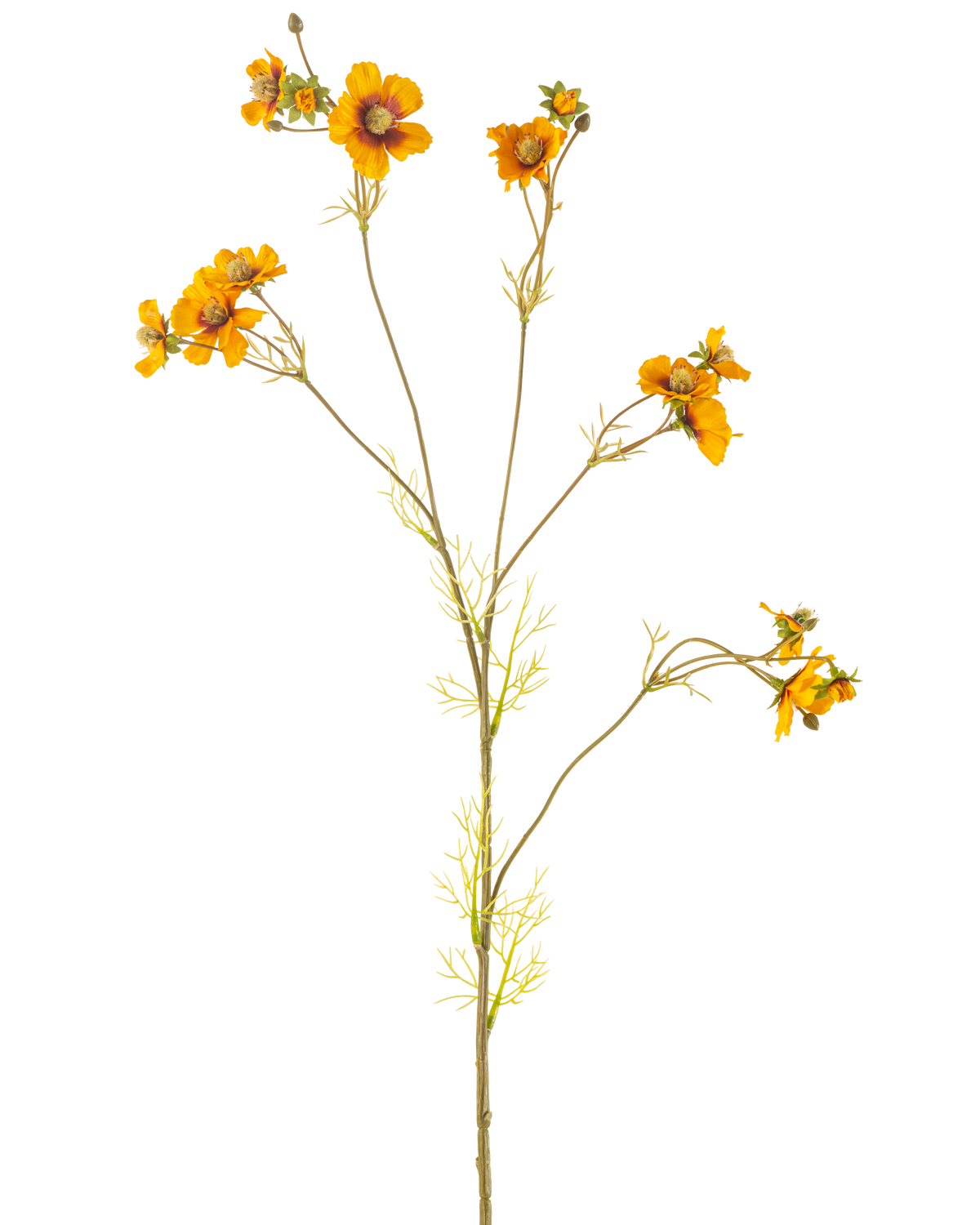 The Artificial Flower Cosmos 95 cm yellow has a single tall stem with thin branches, each decorated with bunches of bright orange-yellow flowers and delicate green leaves, against a plain white background.