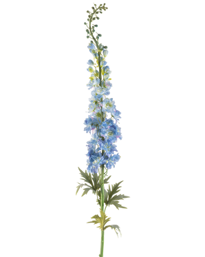 Een enkele steel van Kunstbloem Ridderspoor 137 cm donkerblauw, met meerdere donkerblauwe kunstbloesems en groene bladeren, gerangschikt langs de bovenste steel en tegen een witte achtergrond.