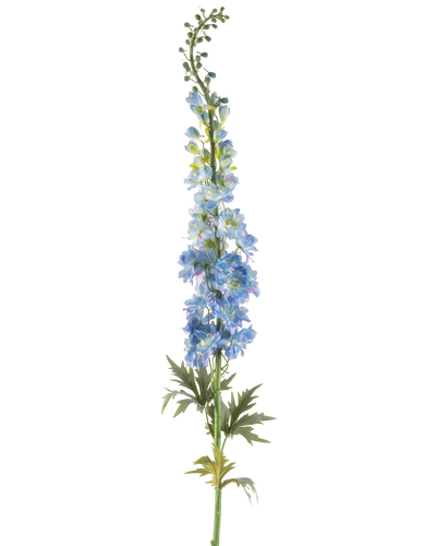 Een enkele steel van Kunstbloem Ridderspoor 137 cm donkerblauw, met meerdere donkerblauwe kunstbloesems en groene bladeren, gerangschikt langs de bovenste steel en tegen een witte achtergrond.