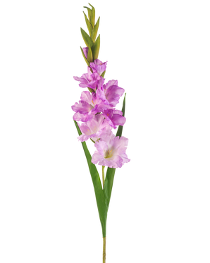 De Kunstbloem Gladiolen 93 cm paars is een kunstmatige gladioolstengel met lichtpaarse en roze bloemen, groene bladeren en knoppen tegen een witte achtergrond.
