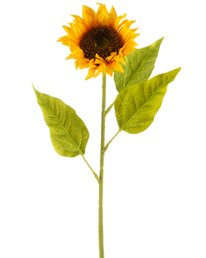 De Kunstbloem Zonnebloem 71 cm geel is een kunstzonnebloem met heldergele bloemblaadjes, een donkerbruin hart en drie grote groene bladeren op een lange groene steel, tegen een effen witte achtergrond.